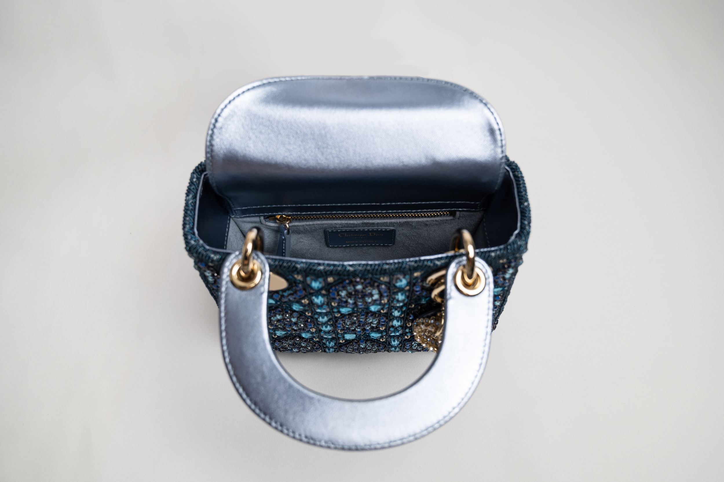 Dior - Mini Lady Dior Bag Metallic Calfskin and Satin with Celestial Blue Bead Embroidery - Women